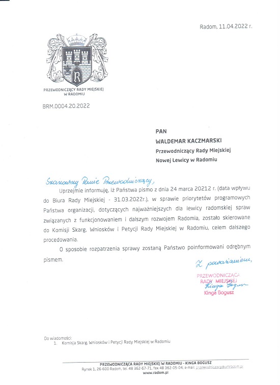Scan pisma od Przewodniczącej RM w Radomiu 2